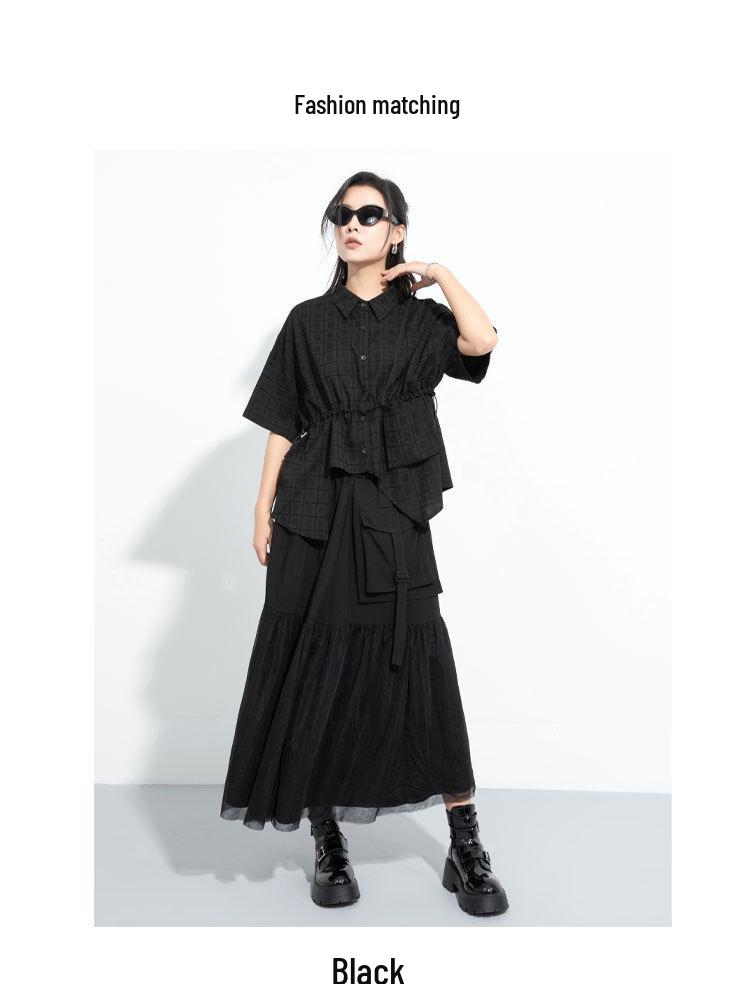 Юбка А-силуэта в темном стиле с сетчатой вставкой: Повседневный, средней длины, эластичная талия, неровный клеш