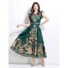 Летние женские винтажные принты с отложным воротником, рукавами-крылышками, однобортные длинные макси-платья для отдыха на пляже с поясом