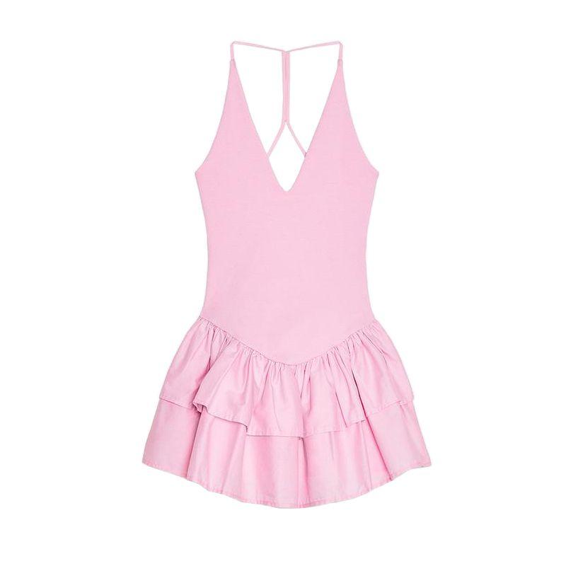 Spring and Summer Women Clothes Laminated Decorative Hem Patchwork Hanging Collar Fashion Sleeveless Short Dress 4174376