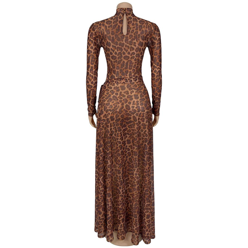 Women's Sexy Leopard Print Long Sleeve Split Dress