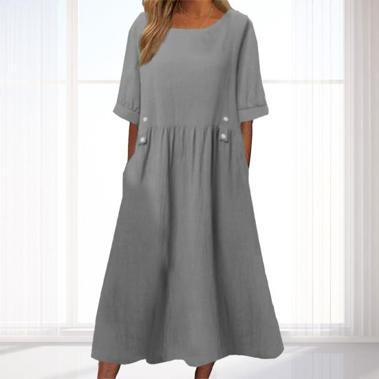 Женское платье свободного покроя средней длины с двойными карманами, украшение на пуговицах, круглый вырез, короткий рукав, летнее платье в стиле бохо, рабочая одежда