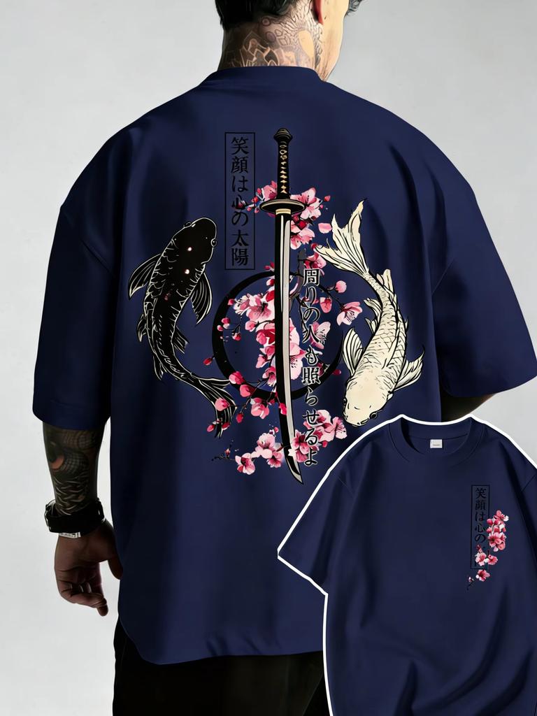 Trendy Casual Japanese Yinyang Koi Fish and Samurai Sword Pattern Cotton Unisexs Tshirt Shortsleeved Tshirt Casual Loose Unise