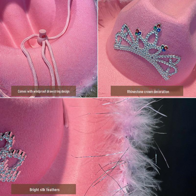 Розовая ковбойская шляпа с короной из перьев и стразами для фестивалей