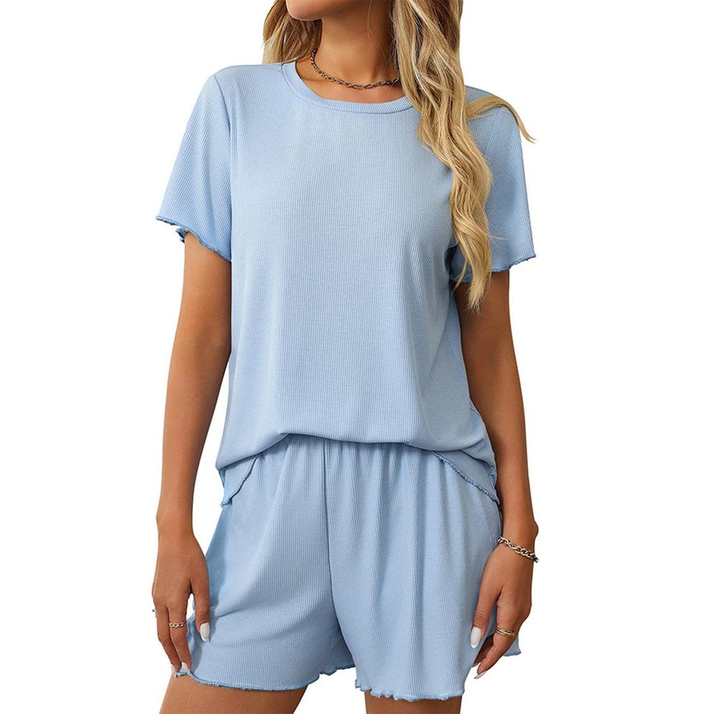 Женская повседневная однотонная пижама с короткими рукавами, шорты, домашняя одежда, комплект из двух предметов