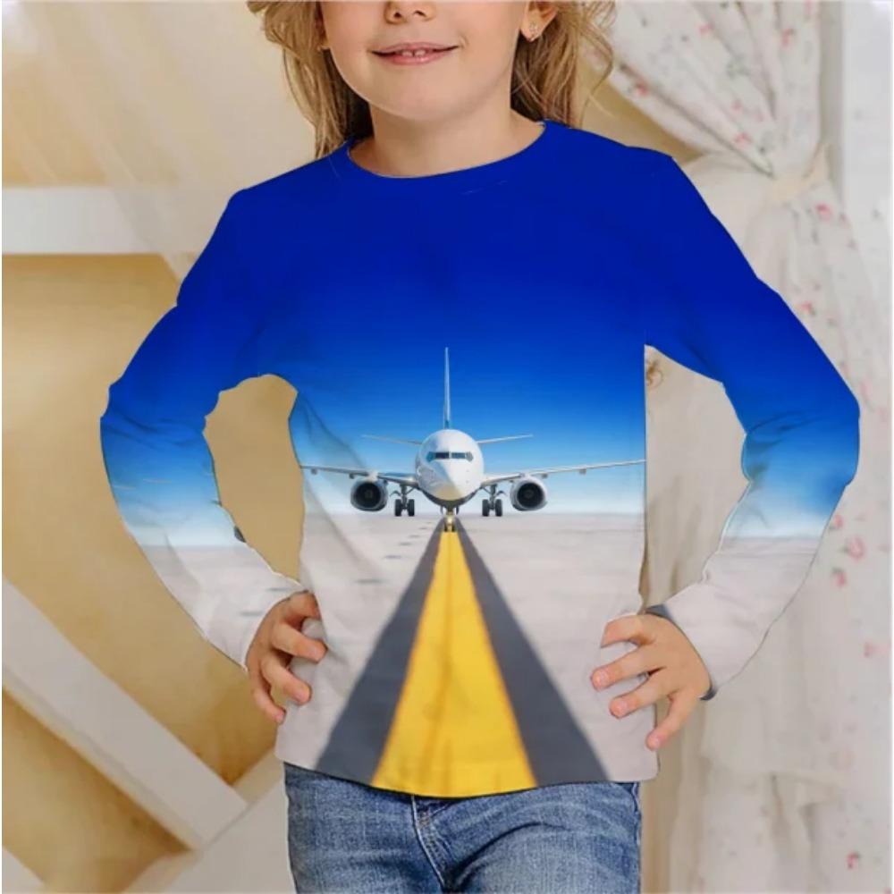 Children's Airplane 3D Digital Printing Girl Fun and Fashionable Round Neck Long Sleeved T-shirt