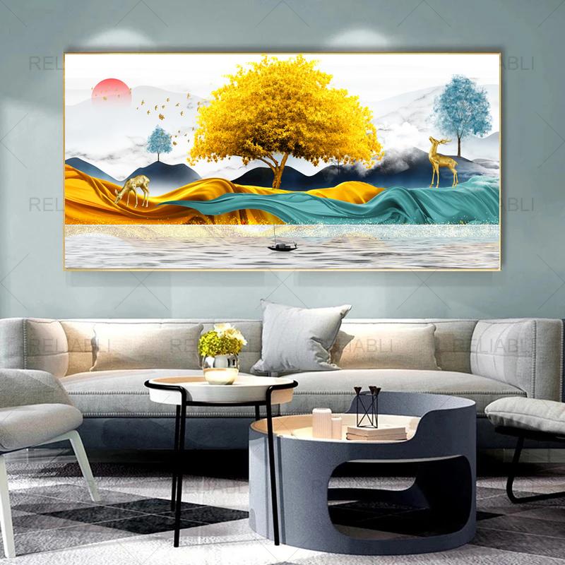 Современная абстрактная декоративная картина с оленьим деревом, лента, печать на холсте, настенные художественные картины для гостиной, светлый роскошный домашний декор