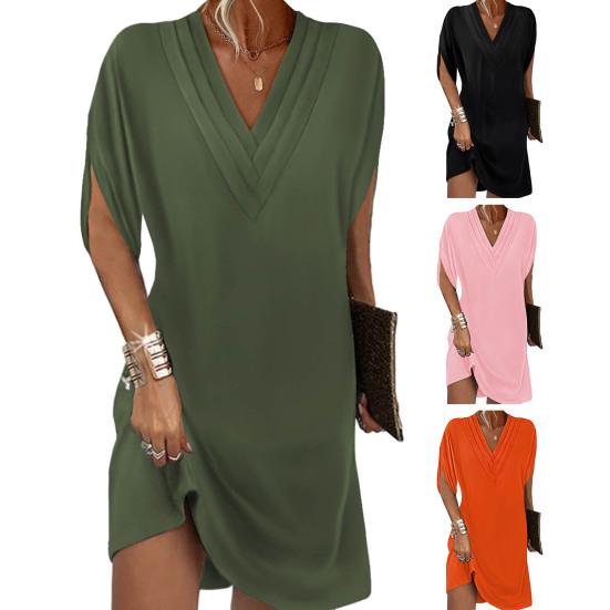 Женское платье с v-образным вырезом, плиссированное, с рукавами «летучая мышь», однотонное, свободное, мягкое, дышащее, мини-платье выше колена для поездок на работу