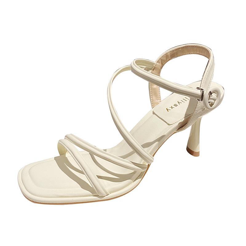 Босоножки на высоком каблуке с перекрестными ремешками женские 2025 новые квадратный носок тонкий каблук высокий каблук сказочный стиль с открытым носком на высоком каблуке