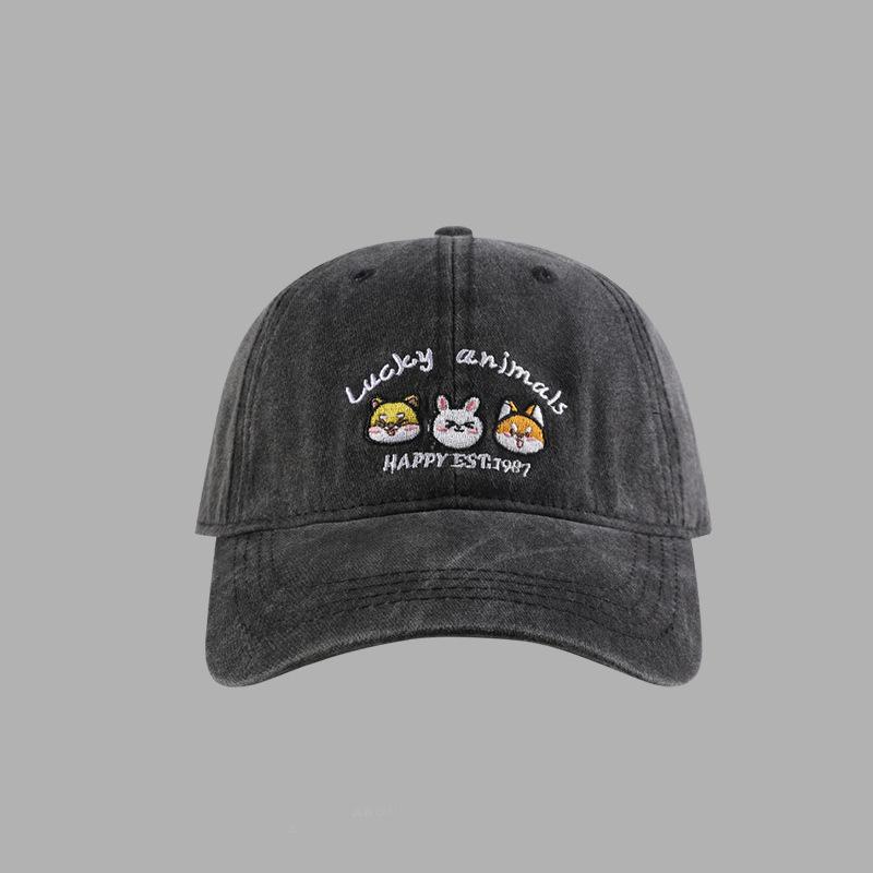 Washed retro hat women's new cartoon animal embroidered baseball cap sweet sunshade duck tongue