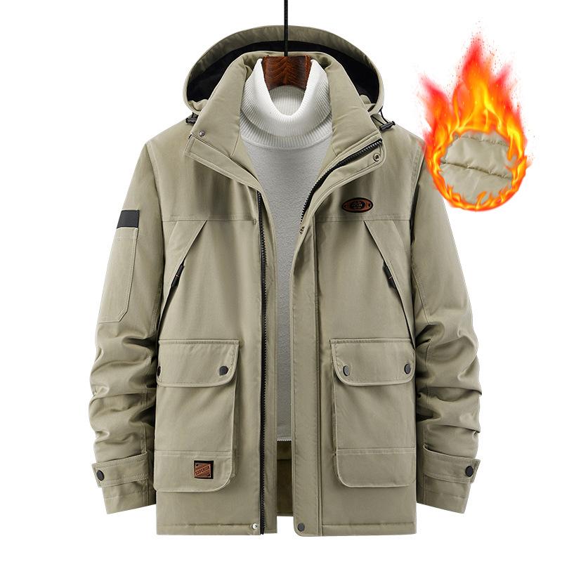 Мужская зимняя многокарманная рабочая хлопковая куртка с добавлением бархата и толстой отделкой, ветрозащитная хлопковая куртка со съемным капюшоном для улицы