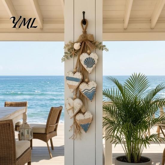 Boho Wall Art for Living Room Hanging Heart Decor, 5 Layered Hearts Ornament, Rustic Farmhouse Coastal Style Wood Vertical Display Sign, Thanksgiving