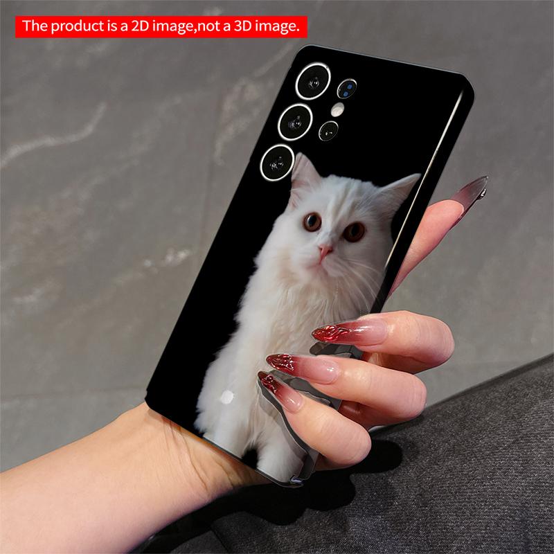2DFlat Samsung phone case White Fluffy Cat on Black Background Phone Case Applicable to Galaxy S23 S24 S25ULTRA S26 A12 A14 A15 A16 A54 A55