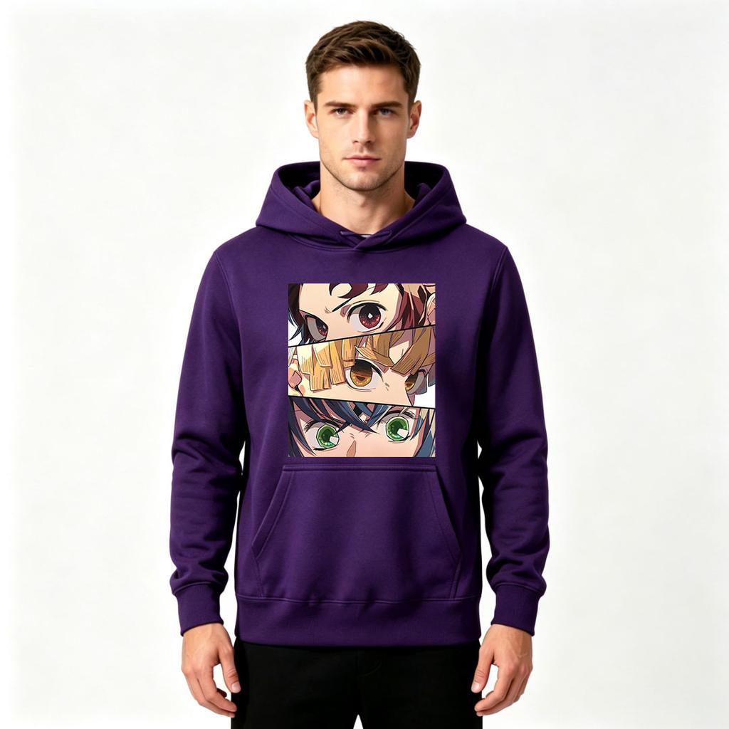 Men Anime Print Pullover Hoodie Casual Long Sleeve Sweatshirt with 3 Demon Character Eyes Pattern