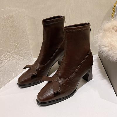 Туфли на высоком каблуке с бантом Женские короткие ботинки Модные Элегантные Новая обувь 2025 Дизайнерские Классические Массивные Ботильоны Платье Вечеринка Туфли Zapatos