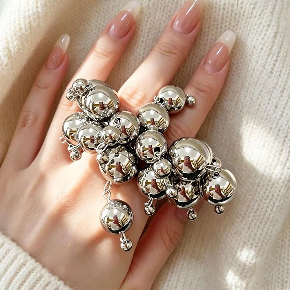 Round Ball Metal Balls Ring Vintage Punk Tassel Ring Fashionable Double Band Ring for Women
