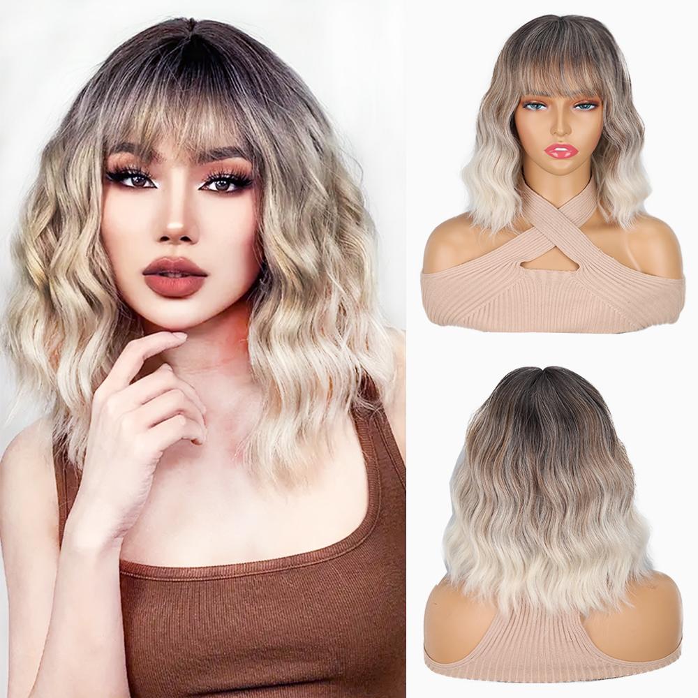 MISS WIG Synthetic Wavy Wig With Bangs Soft Short Bob Wigs For Women Shoulder Length Women's Curly Wigs Cosplay Daily
