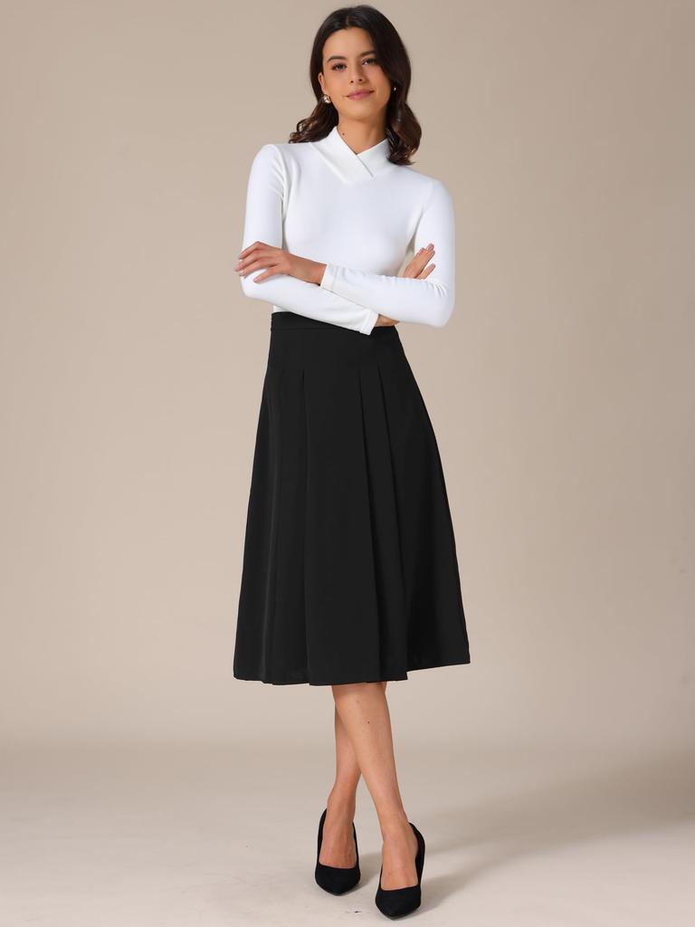 Allegra K Women's High-Waisted Knee-Length Midi Skirt, A-Line Pleated, Perfect for Work or Office, Size M, Black