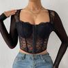 Sexy Lace See-through Mesh Corset Top with V-neck & Fishbone Design for Women