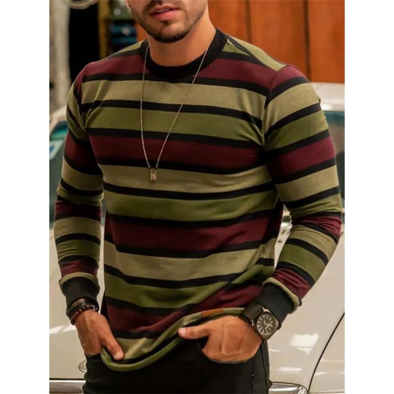 Мужские футболки с длинным рукавом и ретро-графикой в полоску, простые модные футболки с 3D-принтом для весны и осени, повседневные футболки оверсайз