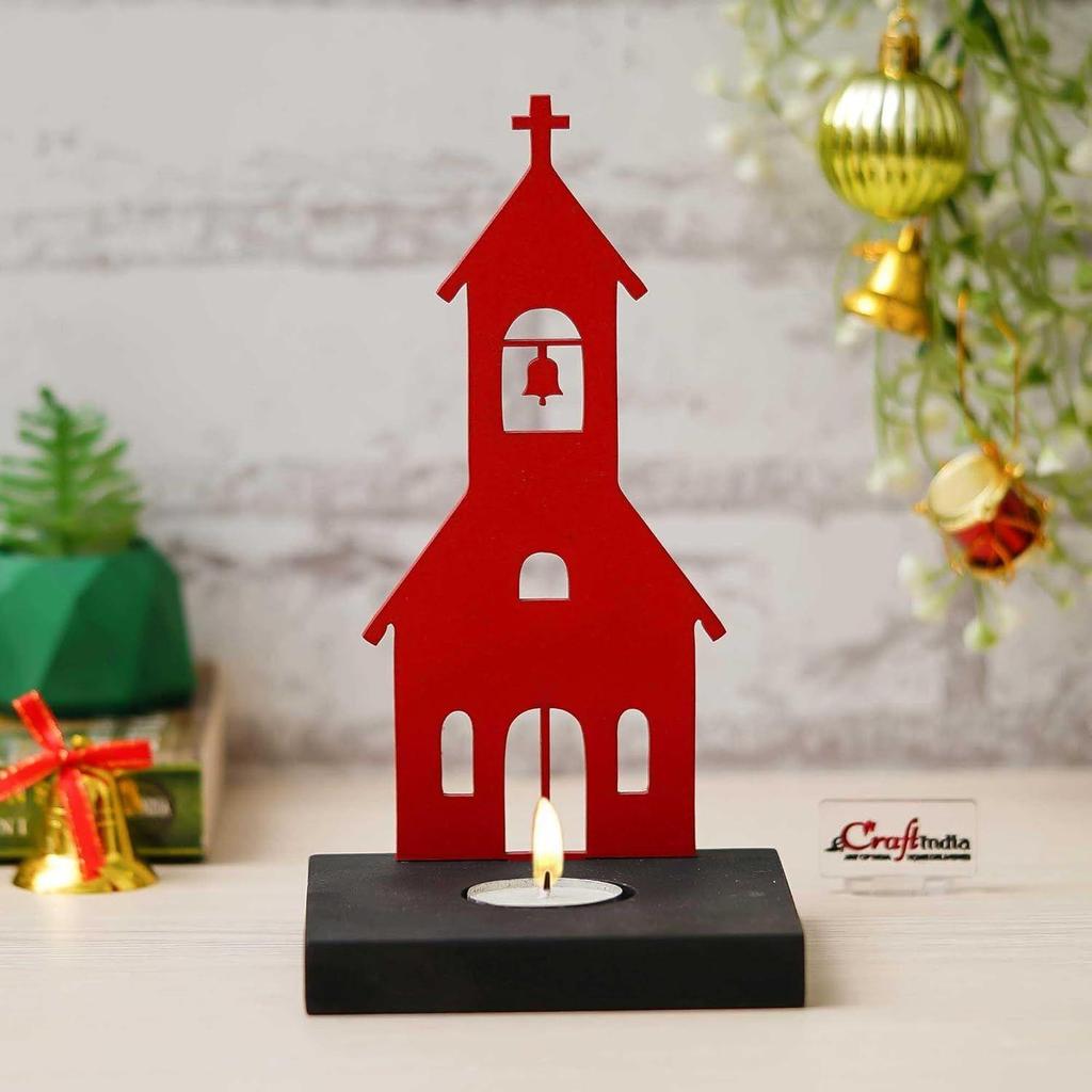 Merry Christmas Charming Church Decorative Tea Light Candle Holder (Wooden Red)| Christmas Decoration Items for Home Living Room Office
