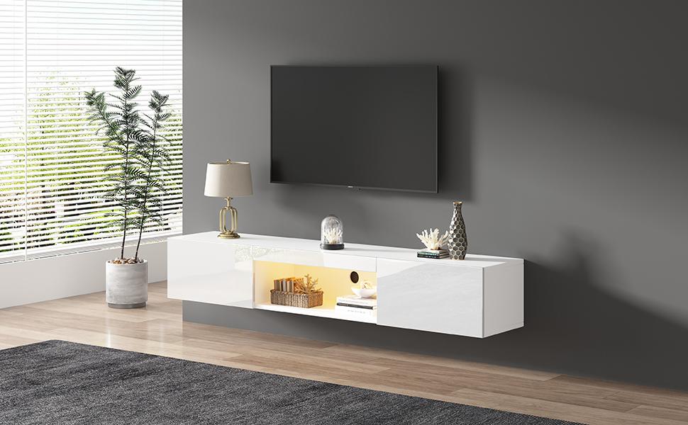 160*31*22cm White High Gloss Wall-Mounted Cabinet for 70-Inch TV, 30kg Load Capacity, with LED Lighting, Bluetooth App Control, Wall-Mounted TV Stand