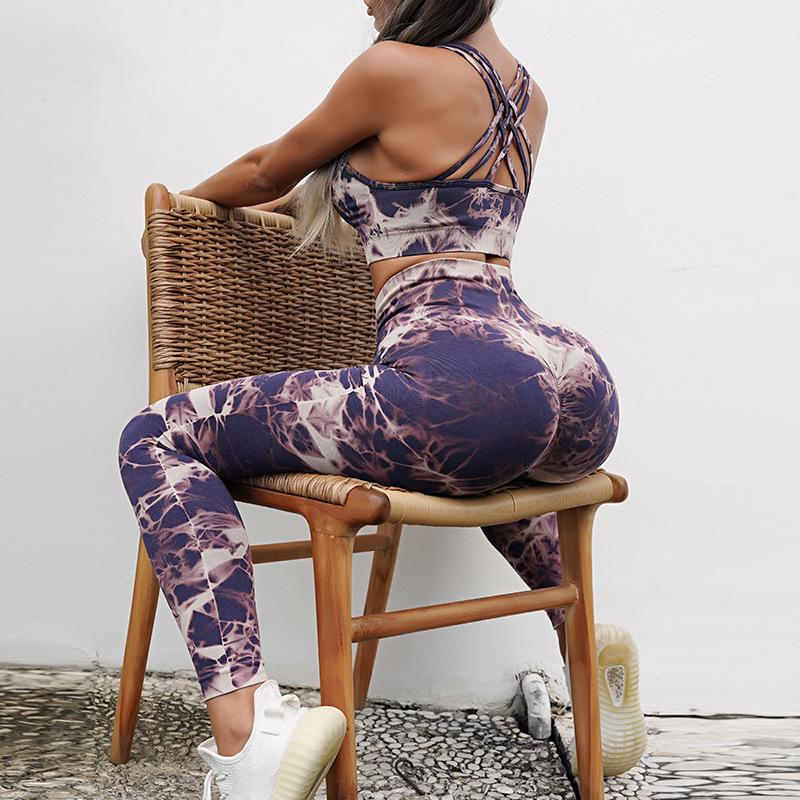 2 шт. спортивный комплект для женщин, галстук-краситель, комплект для йоги, бесшовный спортивный костюм, бюстгальтер, леггинсы, костюмы персиковые ягодицы, брюки с эффектом пуш-ап, спортивные комплекты, эластичные фитнес-наряды