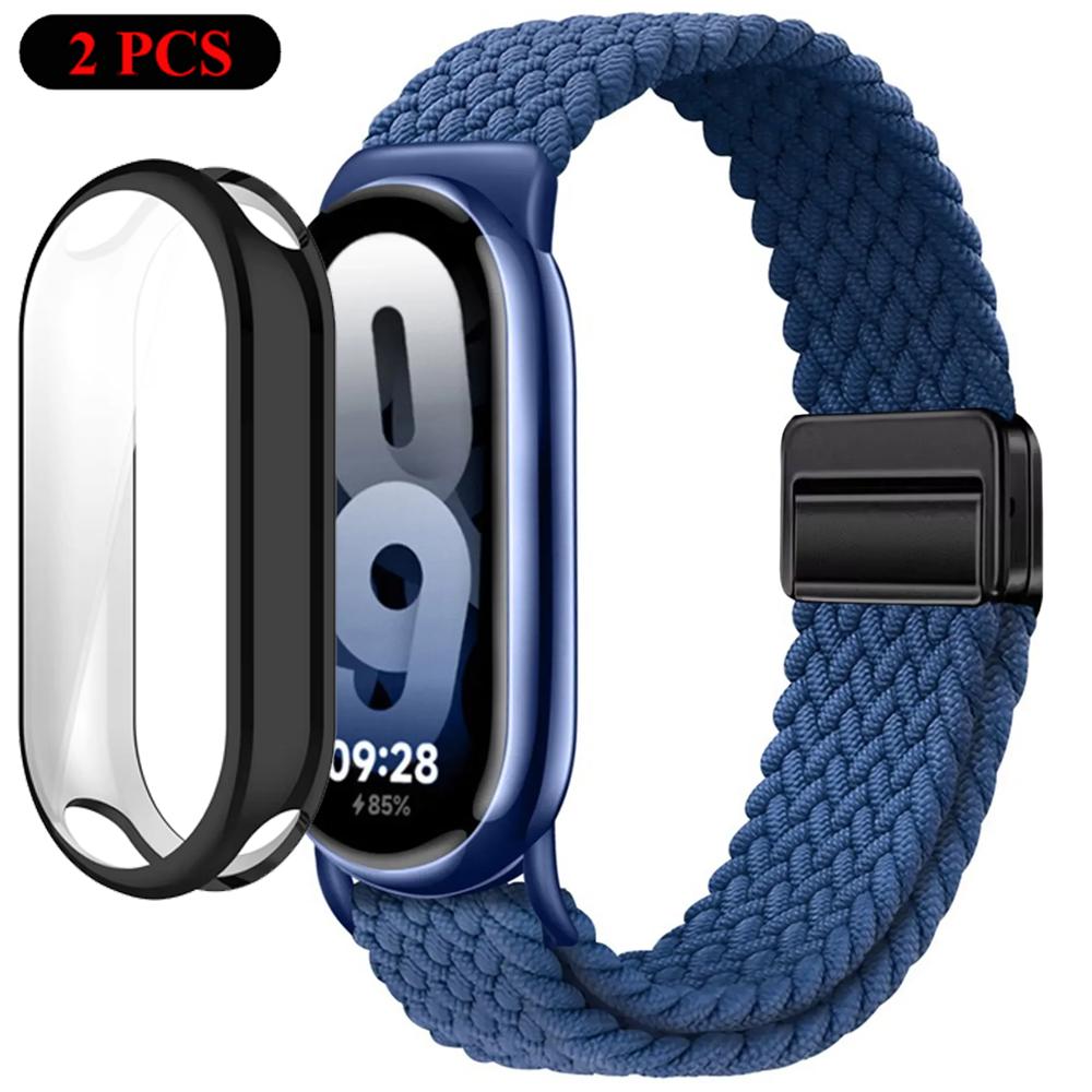 Чехол+Ремешок для Xiaomi Miband 10 9 8 Плетеный Нейлоновый Удобный Браслет Ремешок для Mi Band 10/9/8 NFC Miband 10/9 Керамический Ремень