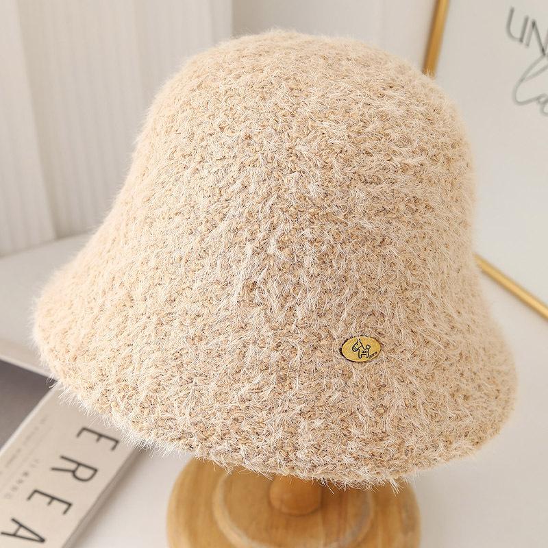 Gray wool bucket hat women's autumn and winter feeling Korean face small bucket hat warm plush knitted basin hat