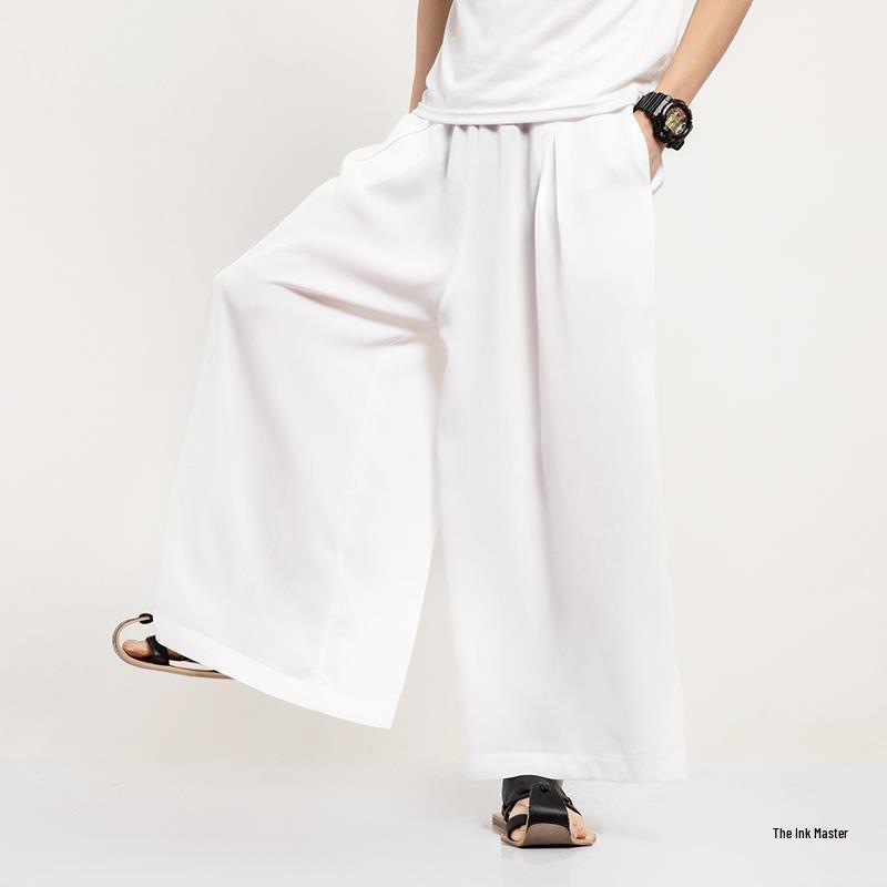 Men's Ice Silk Retro Chinese Style Drape Nine-Point Wide-Leg Pants
