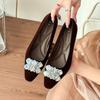 French elegant flat shoes inner height increase autumn rhinestone women's shoes small square head temperament versatile black shoes women