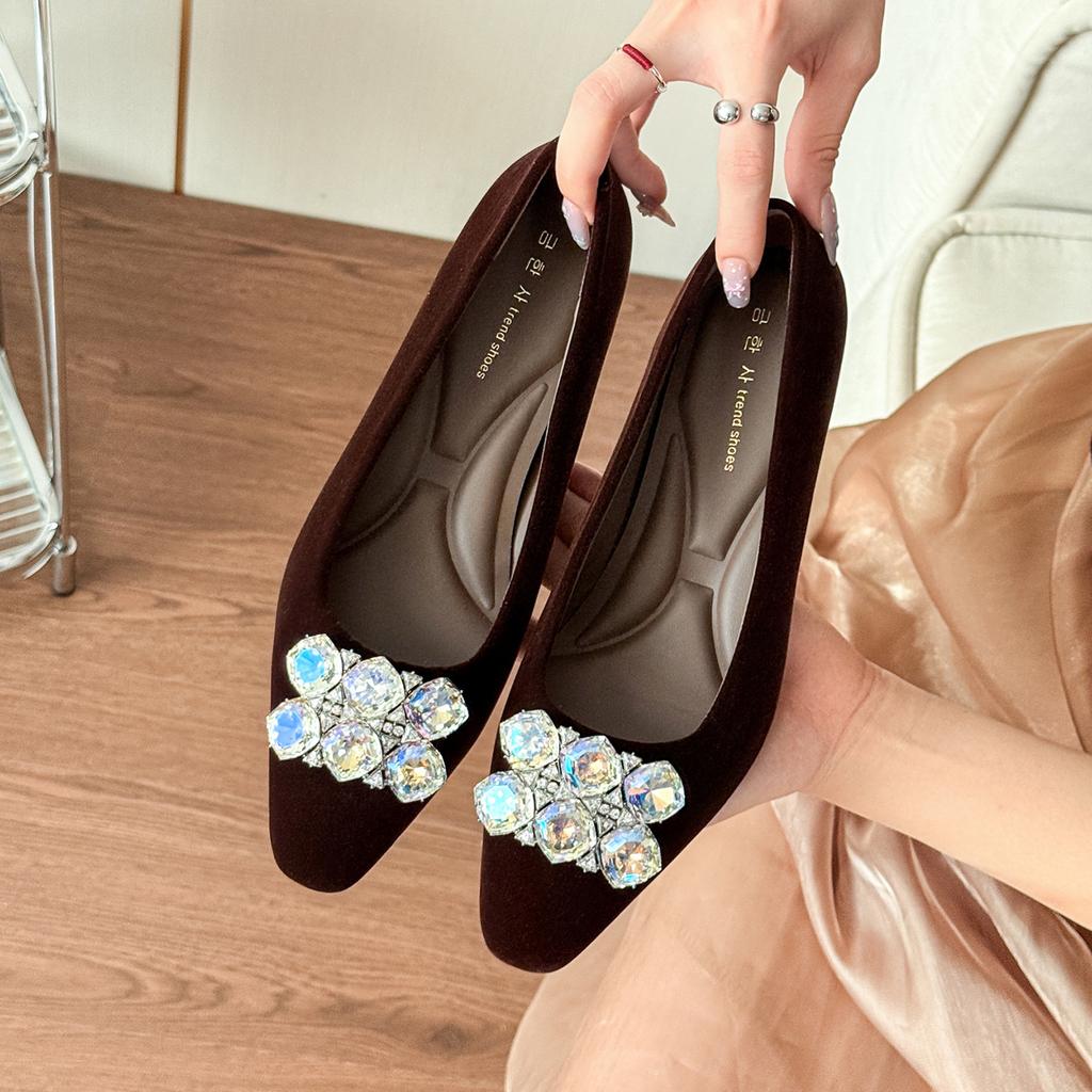 French elegant flat shoes inner height increase autumn rhinestone women's shoes small square head temperament versatile black shoes women