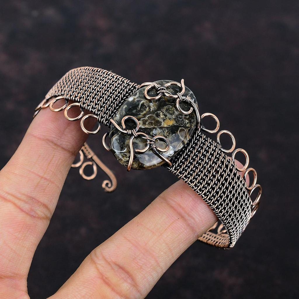 Turritella Agate Cuff Bracelet Copper Wire Wrapped Gemstone Jewelry Handmade Adjustable Cuff Bracelet Copper Wire Wrap Bangle Gift For Mom