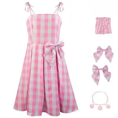 Кино Принцесса Косплей Женское Розовое Платье в Клетку с Галстуком-бабочкой и Ожерельем Костюм на Хэллоуин Подарок