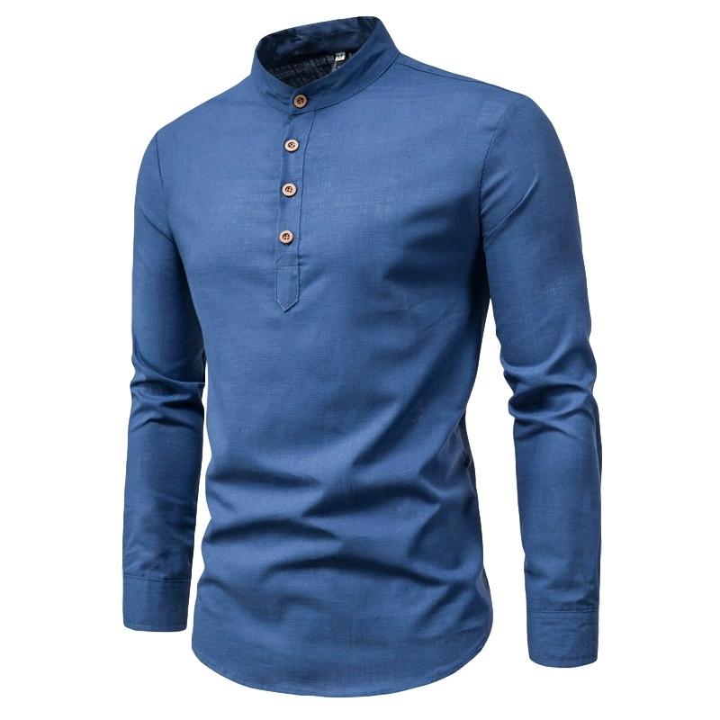 Men's Solid Color Stand Collar Long Sleeve Shirt, Smil Fit Casual and Fashionable Cotton Long Sleeve Henry Shirt