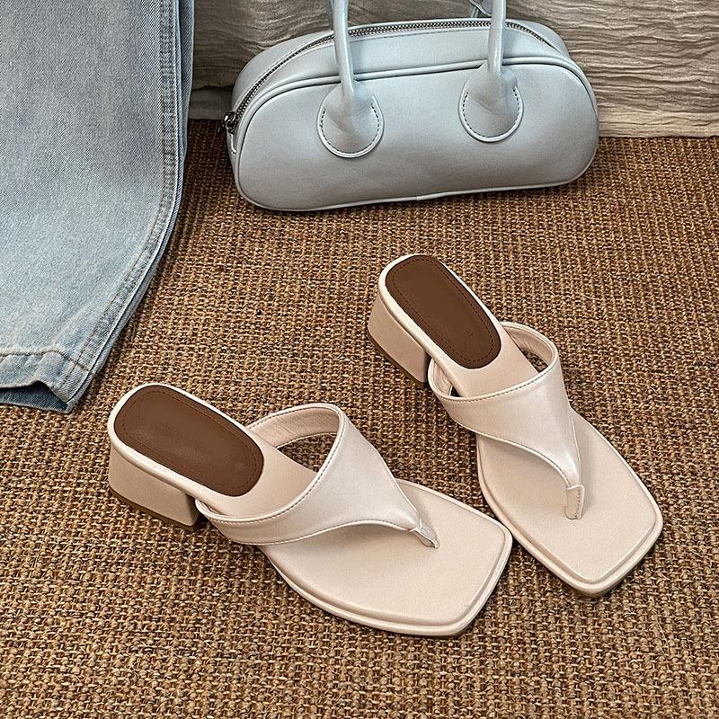 Fashion Retro Thick High Heel Flip-flops for Women Summer New Square Toe Beach Holiday Ladies Sandals Slides Casual Outside Wear Slipper