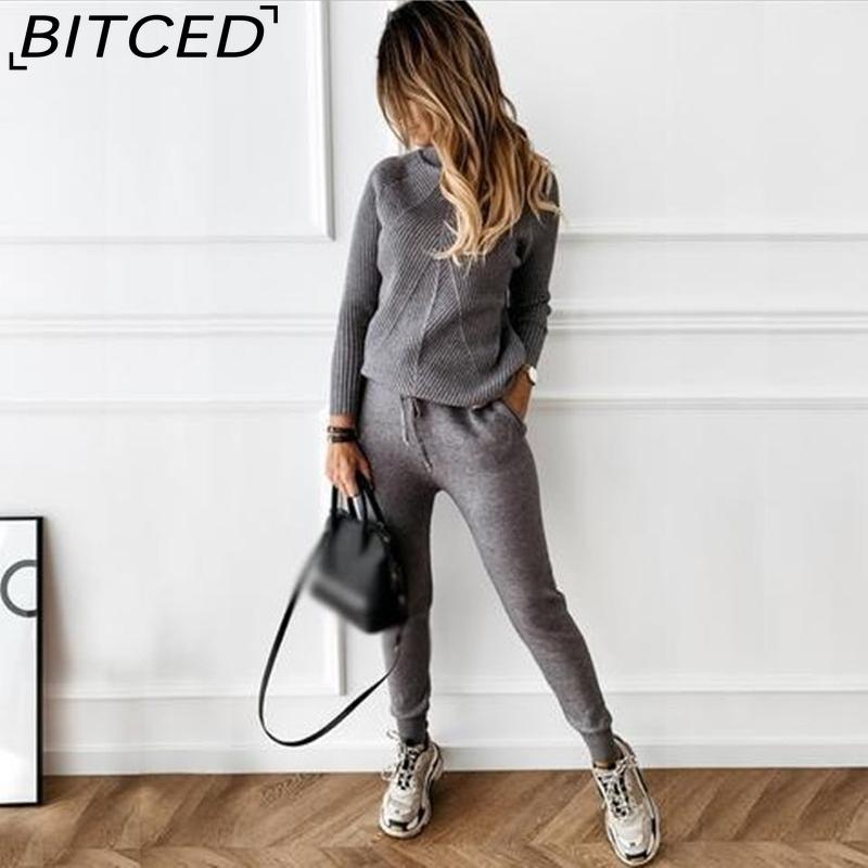 BITCED Осенне-зимний модный повседневный комплект из топа с высоким воротом и брюк для женщин