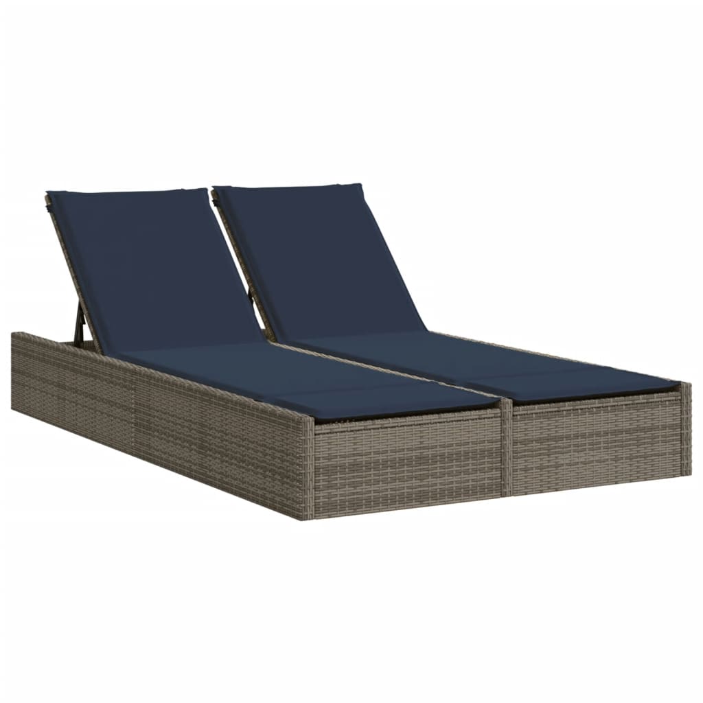 Double Sun Lounger with Cushions Grey Poly Rattan