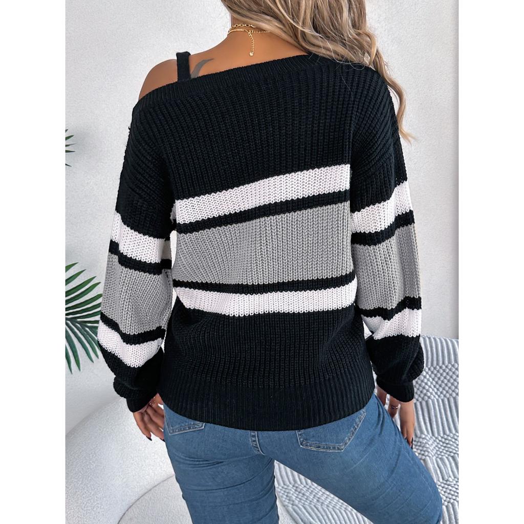HNXC Autumn and Winter Casual Color-blocking Striped Lantern Sleeve Metal Buckle Off-the-shoulder Pullover Sweater for Women