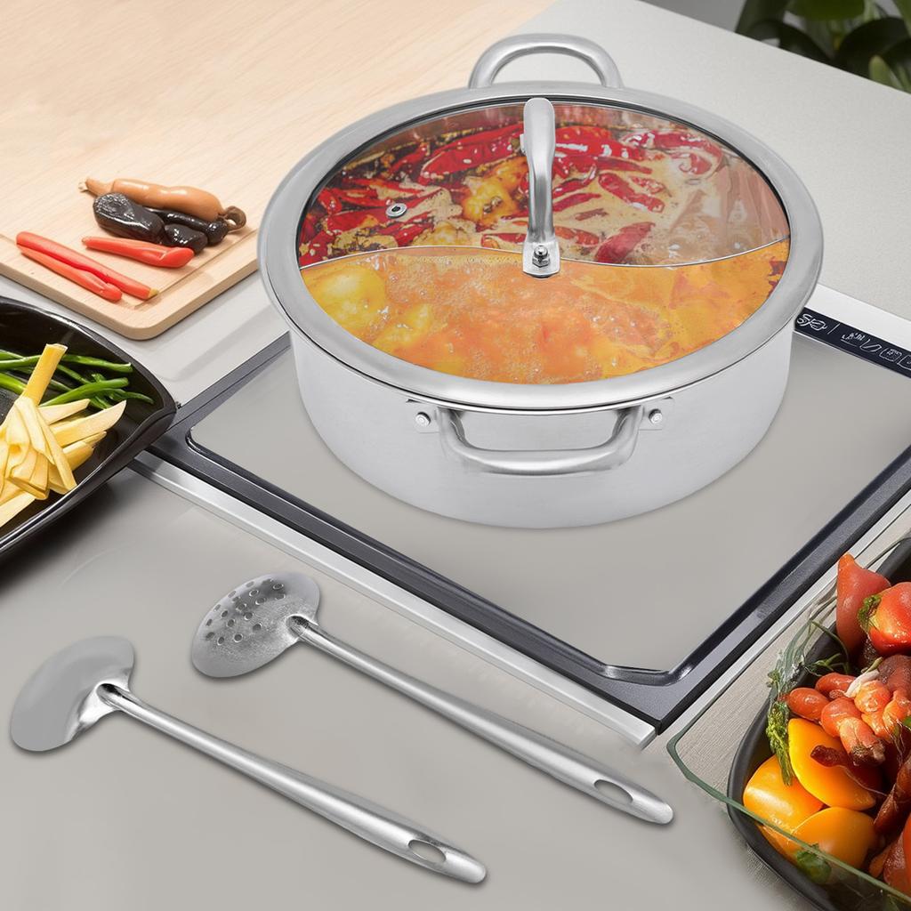 Кастрюля из нержавеющей стали с разделителем, 28 см, двухсекционная, посуда из нержавеющей стали 304 с крышкой из стекла, ложкой для супа и дуршлагом
