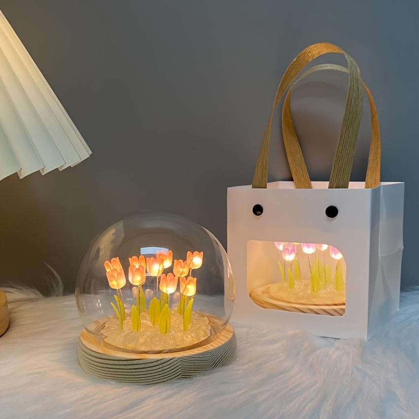 Elegant LED Tulip Decor In Glass Dome - Art Deco Night Light, Ideal for Christmas & Valentine's Day Gift