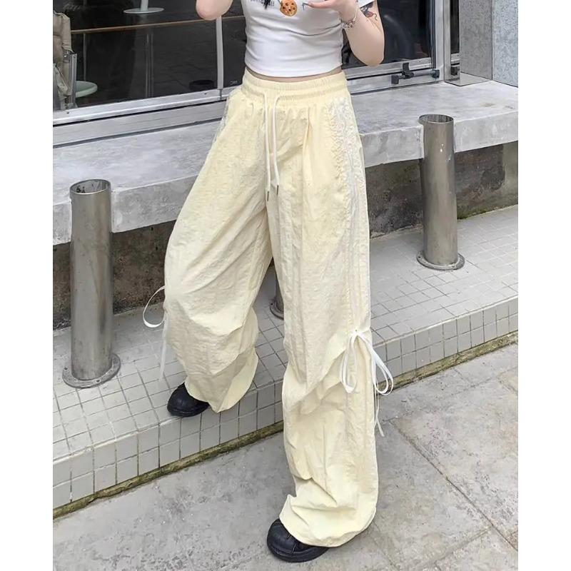 Женские брюки-карго в полоску большого размера Y2k в стиле Харадзюку, повседневные мешковатые летние широкие брюки с милым бантом, уличный стиль в американском стиле