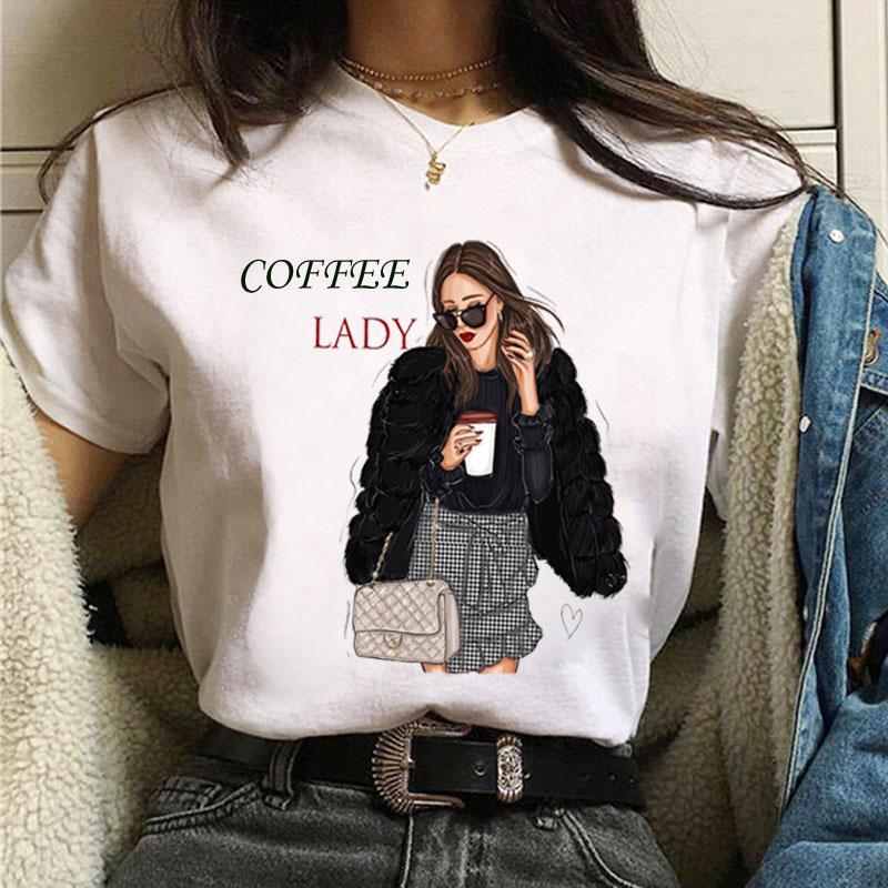 Повседневная женская футболка Coffee Girl, новый черный топ для девочек с круглым вырезом, модная одежда с коротким рукавом в стиле Харадзюку 90-х годов, Прямая поставка