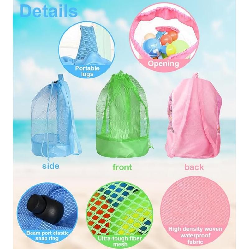 Mesh Drawstring Beach Toy Bag Sand Resistant Kids Backpack Portable Shell Collecting Pouch for Sandbox Seashell & Beach Travel