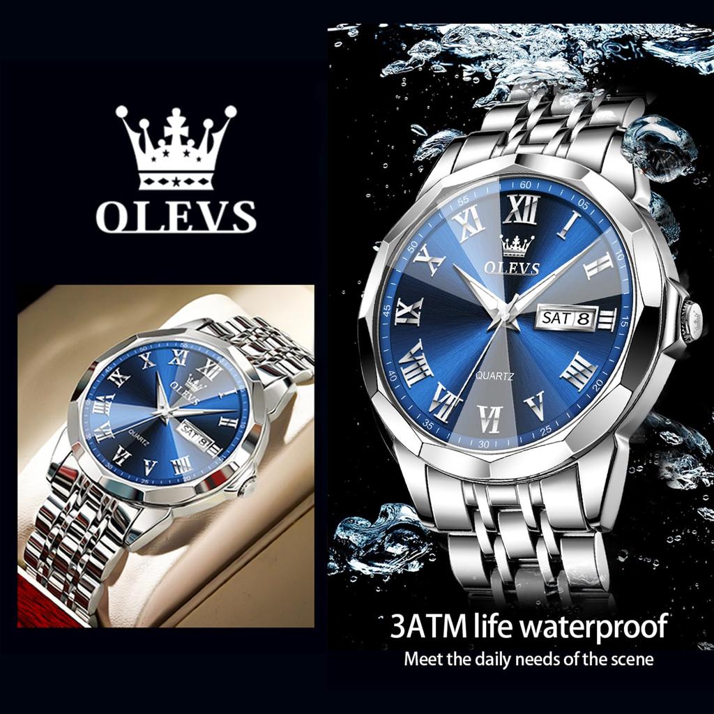 OLEVS Analog Popular Business Arm Fashion Silver White Blue Stainless Steel Silver Watch for Luminous Pressure Easy To Read Arm Easy To Wear Men's