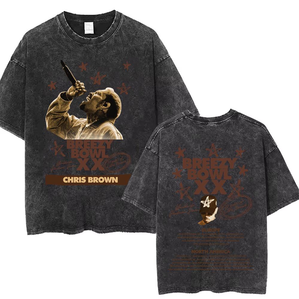 Washed Chris Brown Music Album Cover Print Tshirt Breezy Bowl XX Tour Merch T Shirts Men Women Hip Hop High Quality Tshirt
