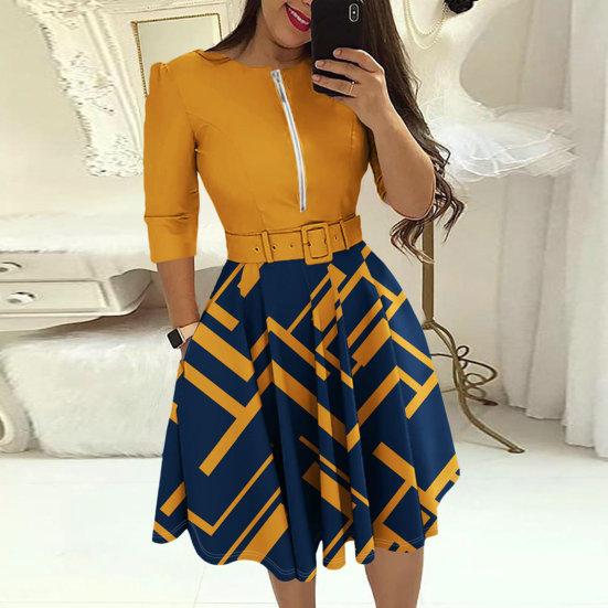 Ladies Dress Zipper Decor Belted Tight Waist Color Matching Print Round Neck Pockets Three Quarter Sleeve A-line Loose Hem Spring Fall Mini Dress