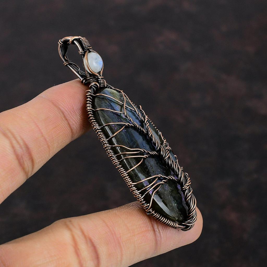 Подвеска из лабрадорита «Дерево жизни», подвеска из медной проволоки, подвеска из радужного лунного камня, подвеска из драгоценного камня, подарок для мамы, ювелирные изделия из меди ручной работы