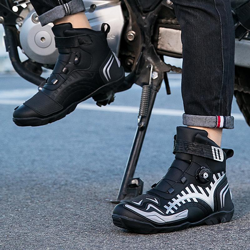 Унисекс кожаные мотоциклетные ботинки большого размера с кнопкой вращения, противоскользящие, противоударные, для соревнований, обувь для верховой езды