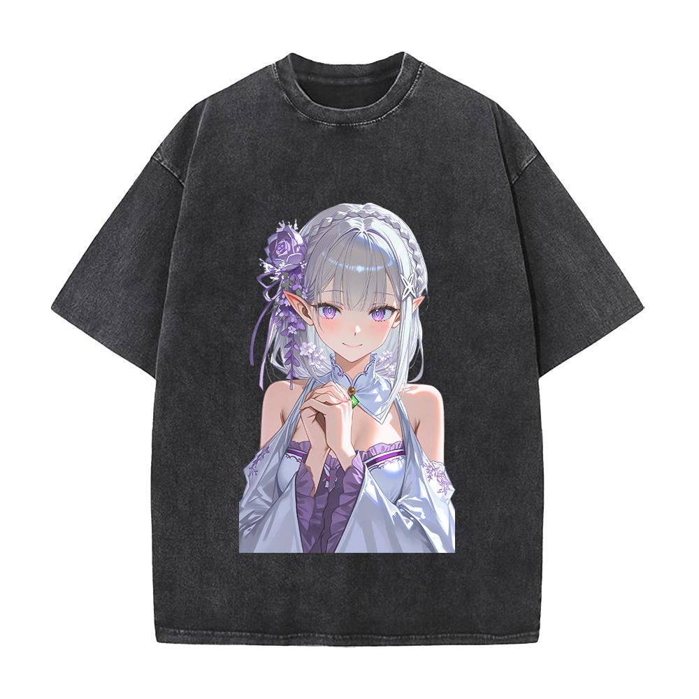 Re ZERO Начинаем жизнь с нуля в другом мире Эмилия Печатная Футболка Мужская Женская Стиранные Хлопковые Футболки Ретро Футболка Харадзюку Унисекс Футболка