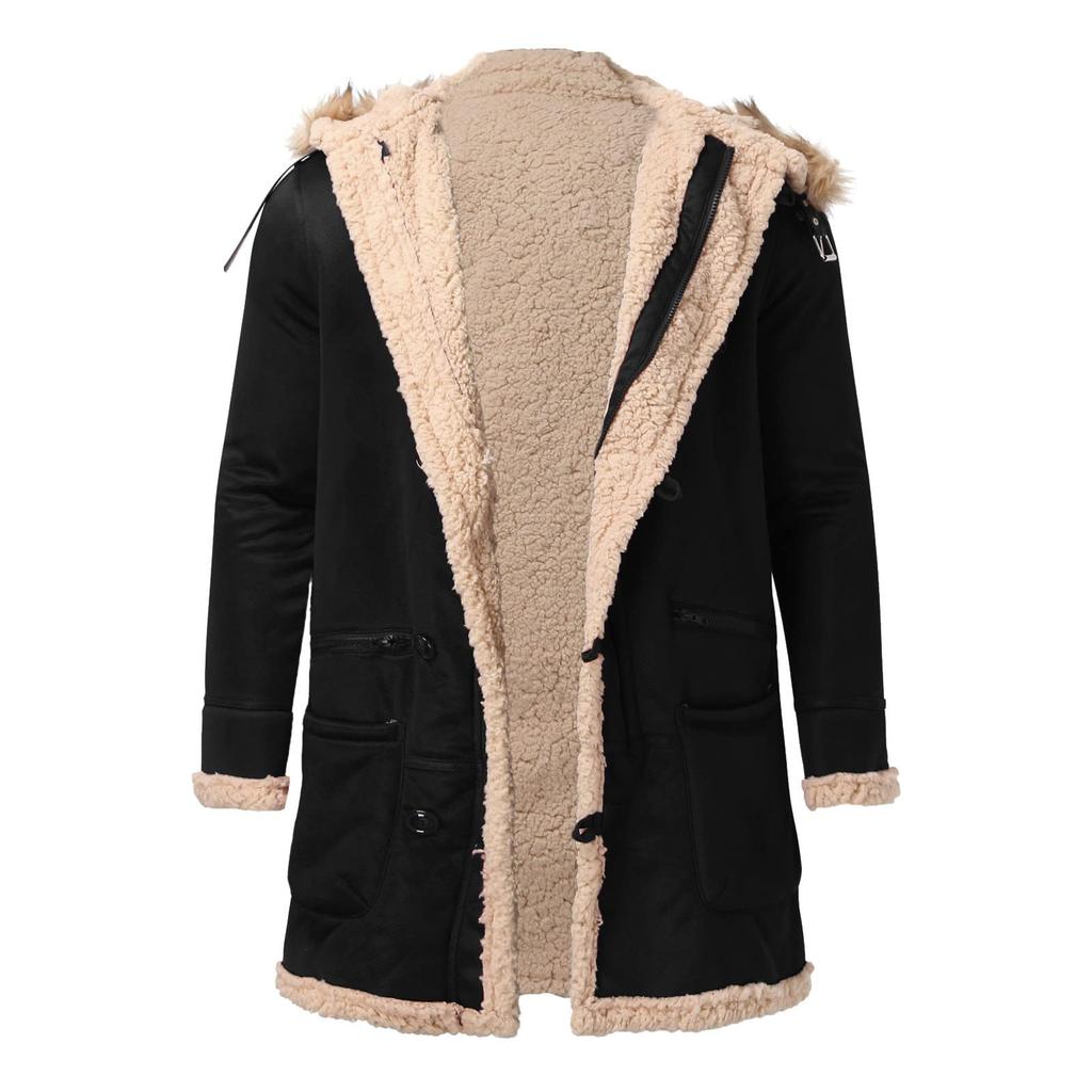 Men'S Artificial Lined Cashmere Hooded Jacket Men'S Retro Long Suede Jacket Coat